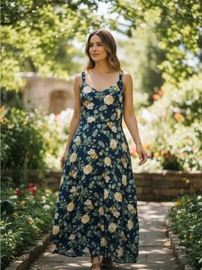 Old Navy Navy Floral Maxi Dress with Cream and Green Blooms